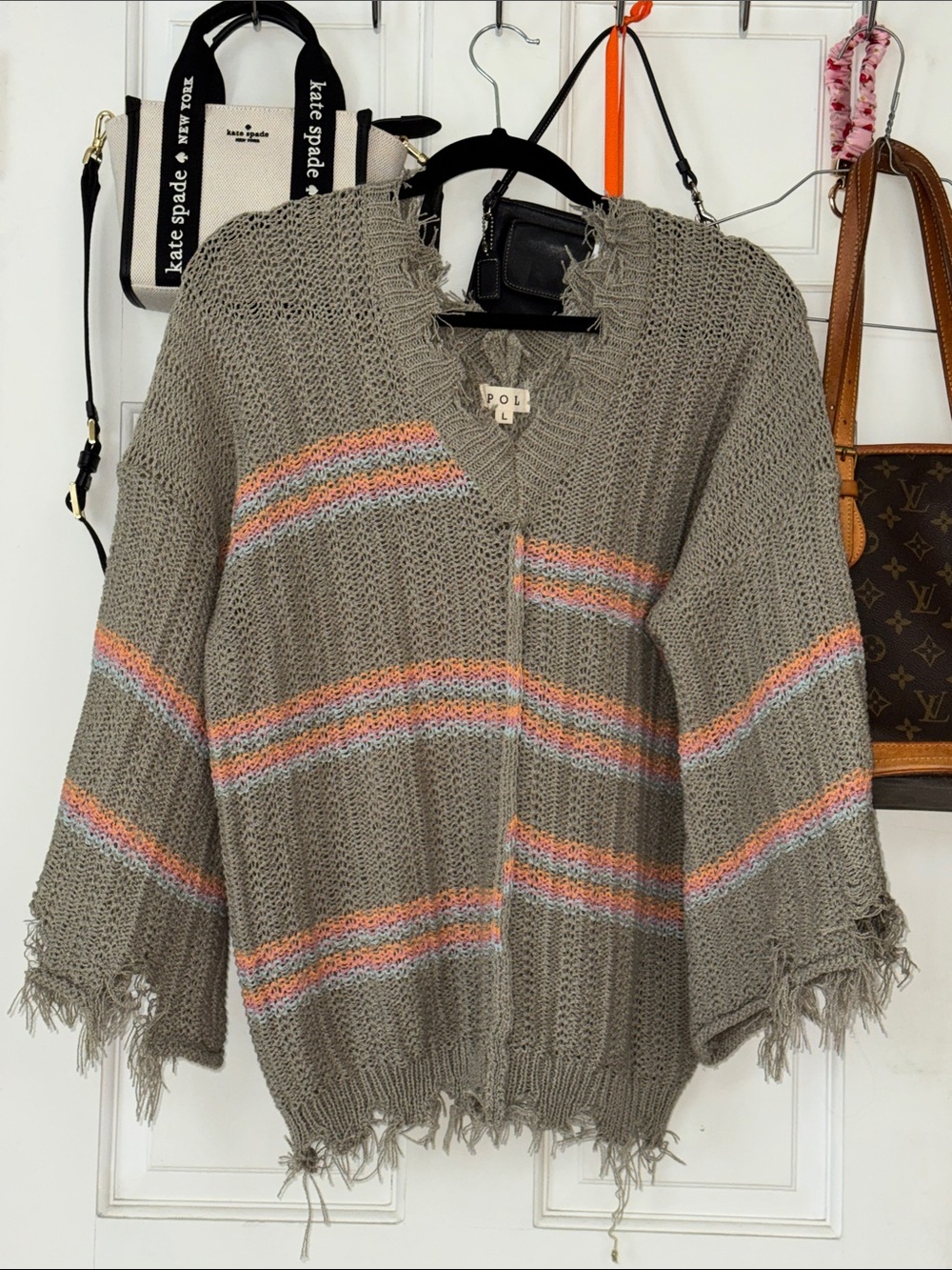 POL Distressed Striped V-Neck Sweater Sz Large